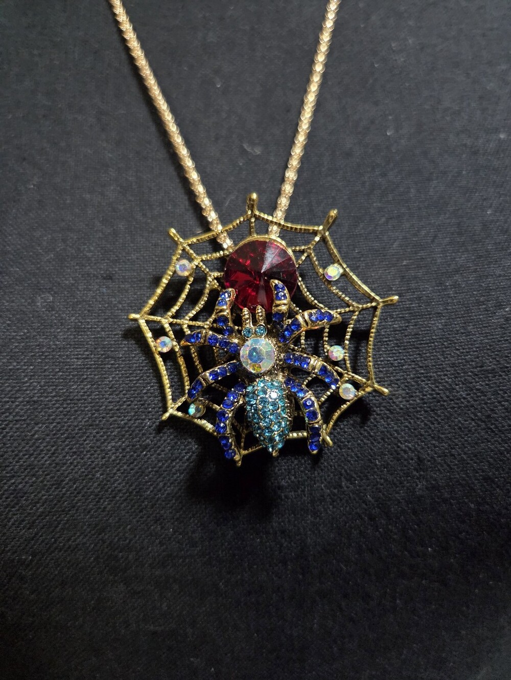 Betsey Johnson Inspired Gold Crystal Spider Web Necklace Rhinestone Goth Emo